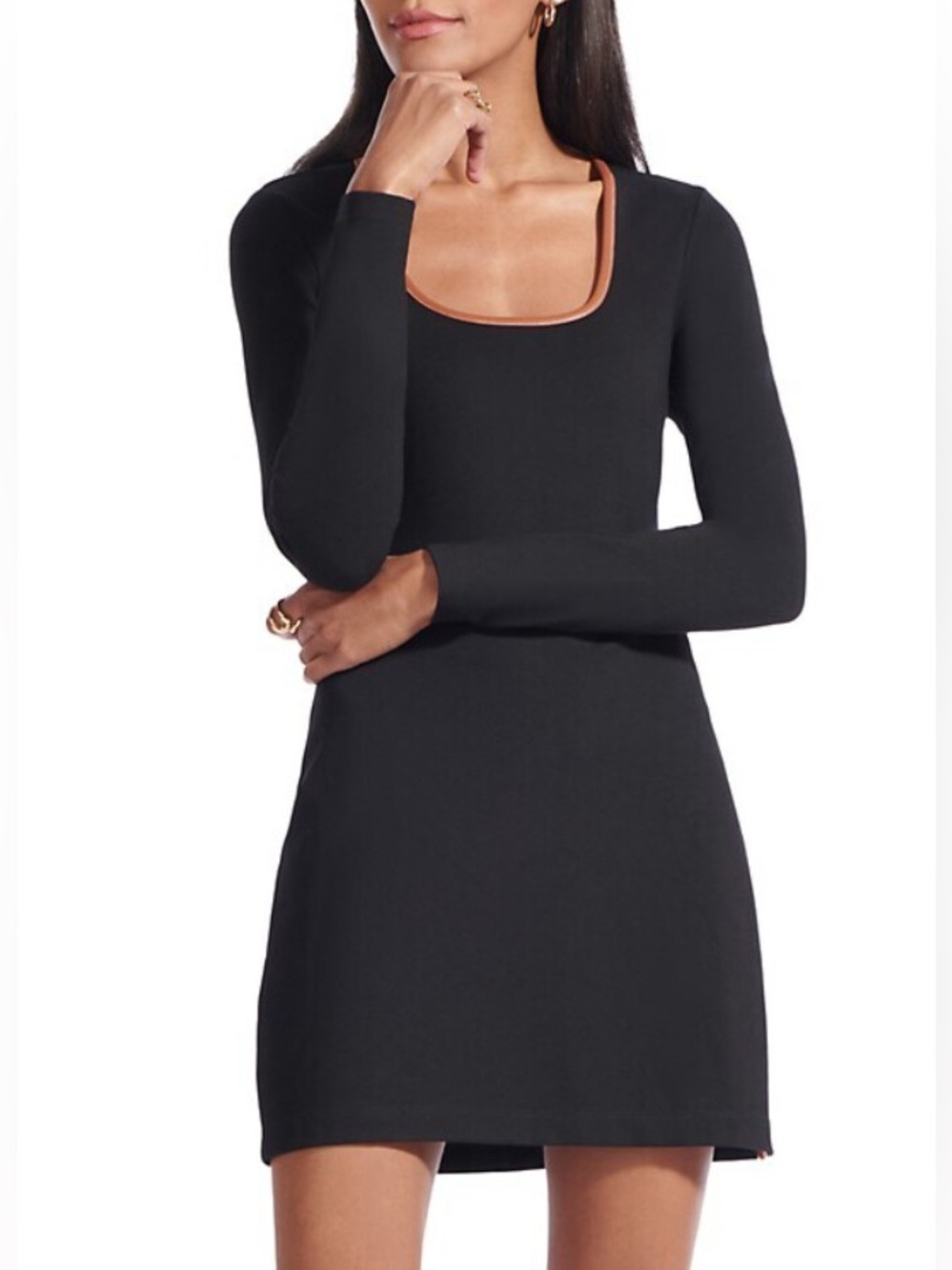 STAUD Black Mini Dress with Tan Trim